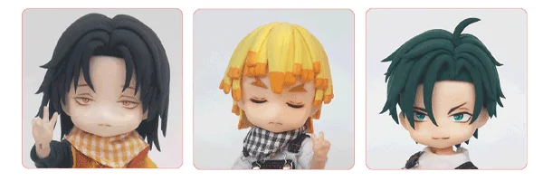Przykład pokazujący różne niestandardowe fryzury i kolory Nendoroid